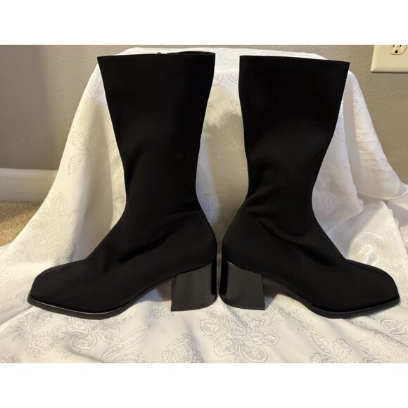 JEFFREY CAMPBELL 7 Black Block Heel Boot Bootie Stretch Mid Calf NEW - Picture 2 of 16